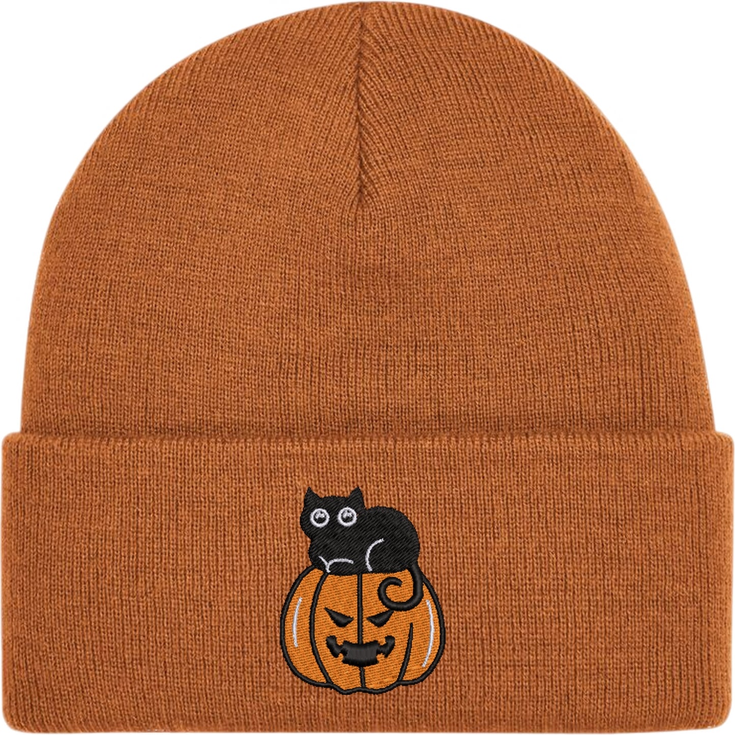 Cat On A Pumpkin Embroidered Beanie Hat