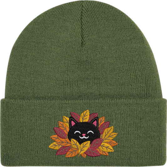 Autumn Leaves Cats Embroidered Beanie Hat