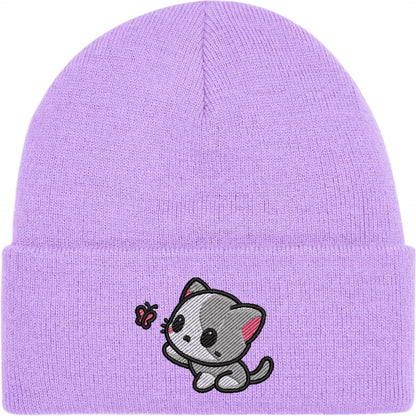Cat And Butterfly Embroidered Beanie Hat