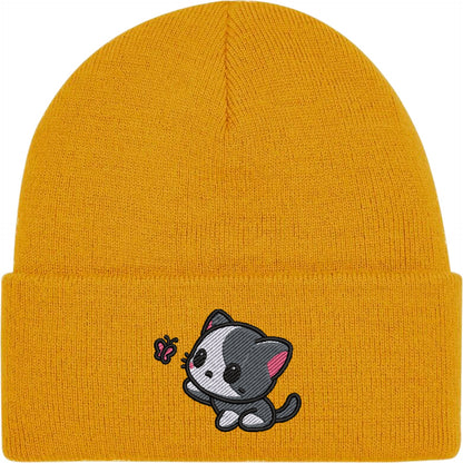 Cat And Butterfly Embroidered Beanie Hat