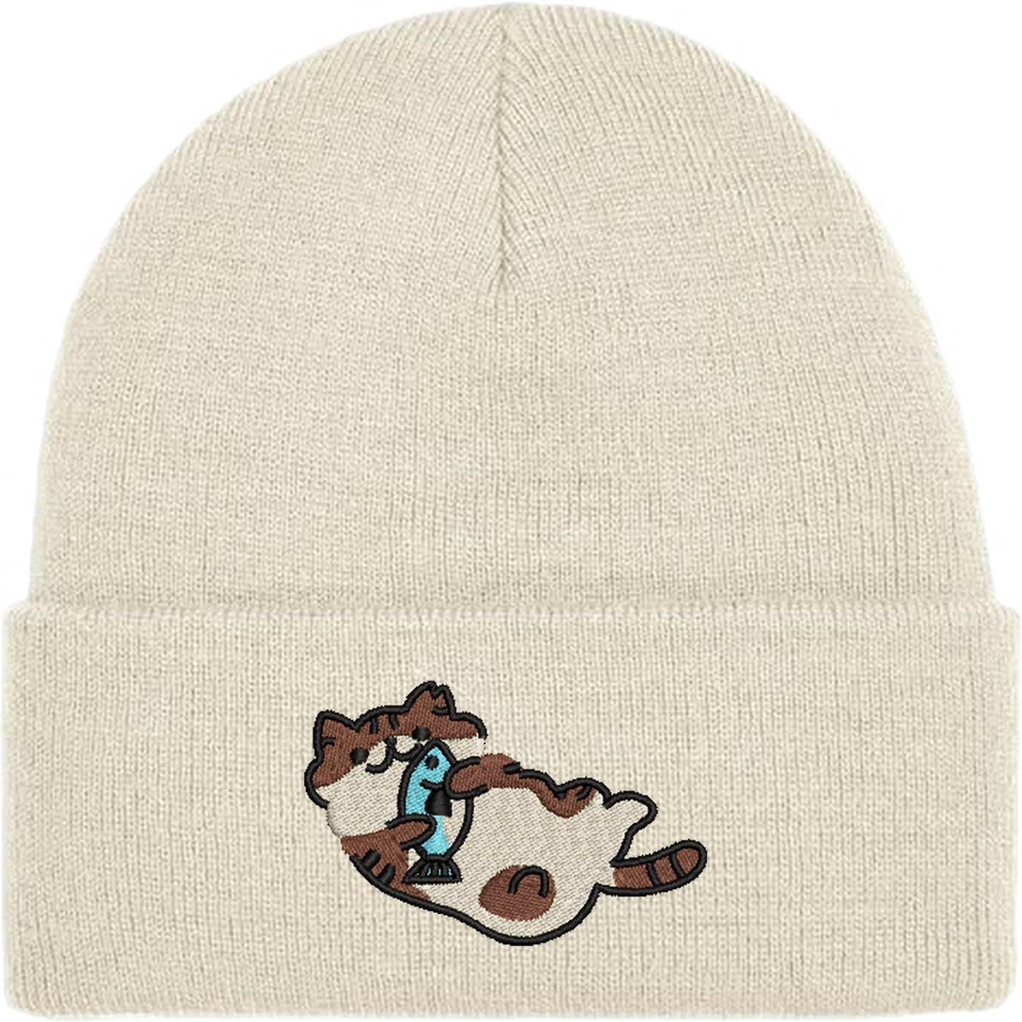 Cat With A Fish Embroidered Beanie Hat