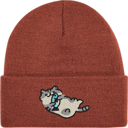 Cat With A Fish Embroidered Beanie Hat