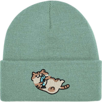 Cat With A Fish Embroidered Beanie Hat