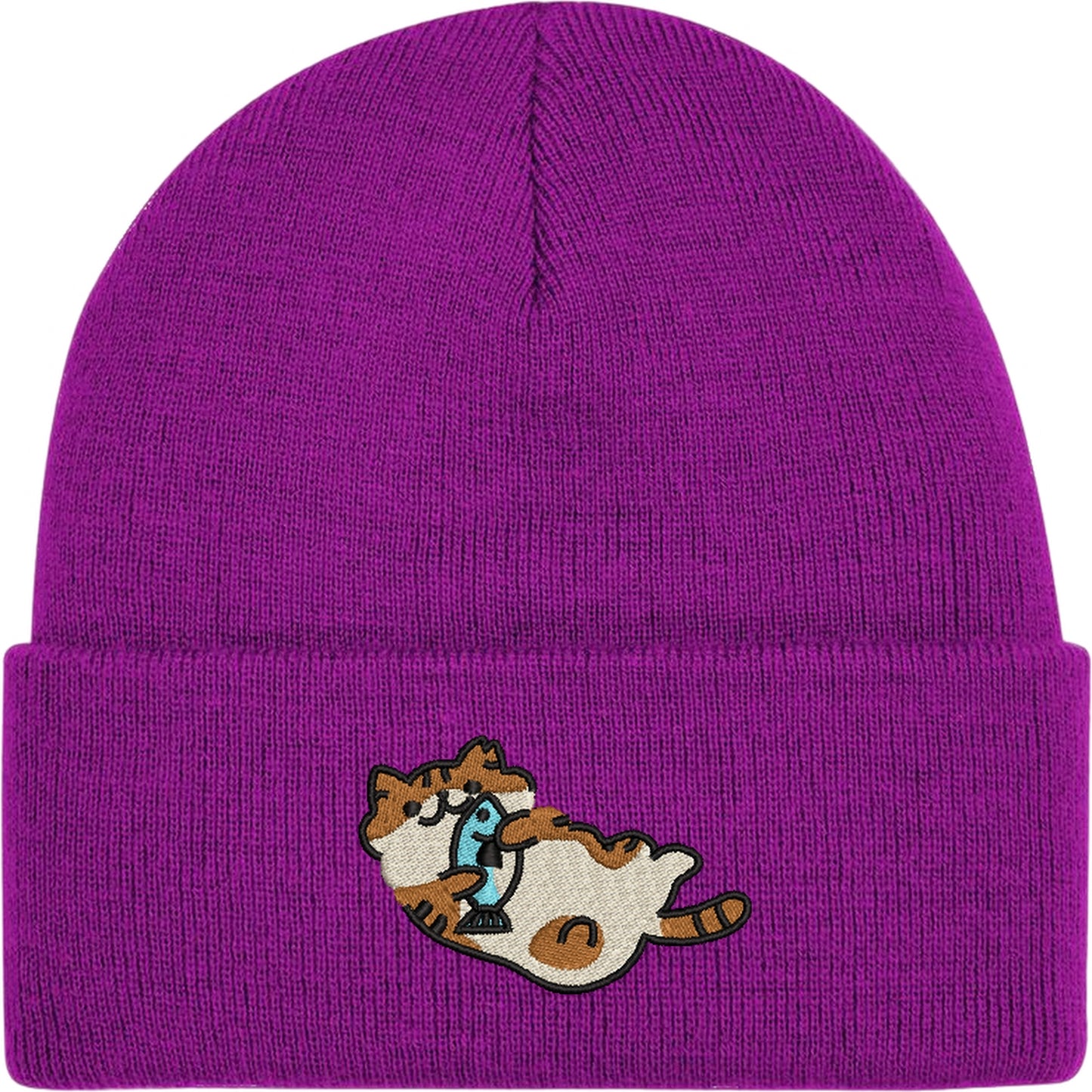 Cat With A Fish Embroidered Beanie Hat