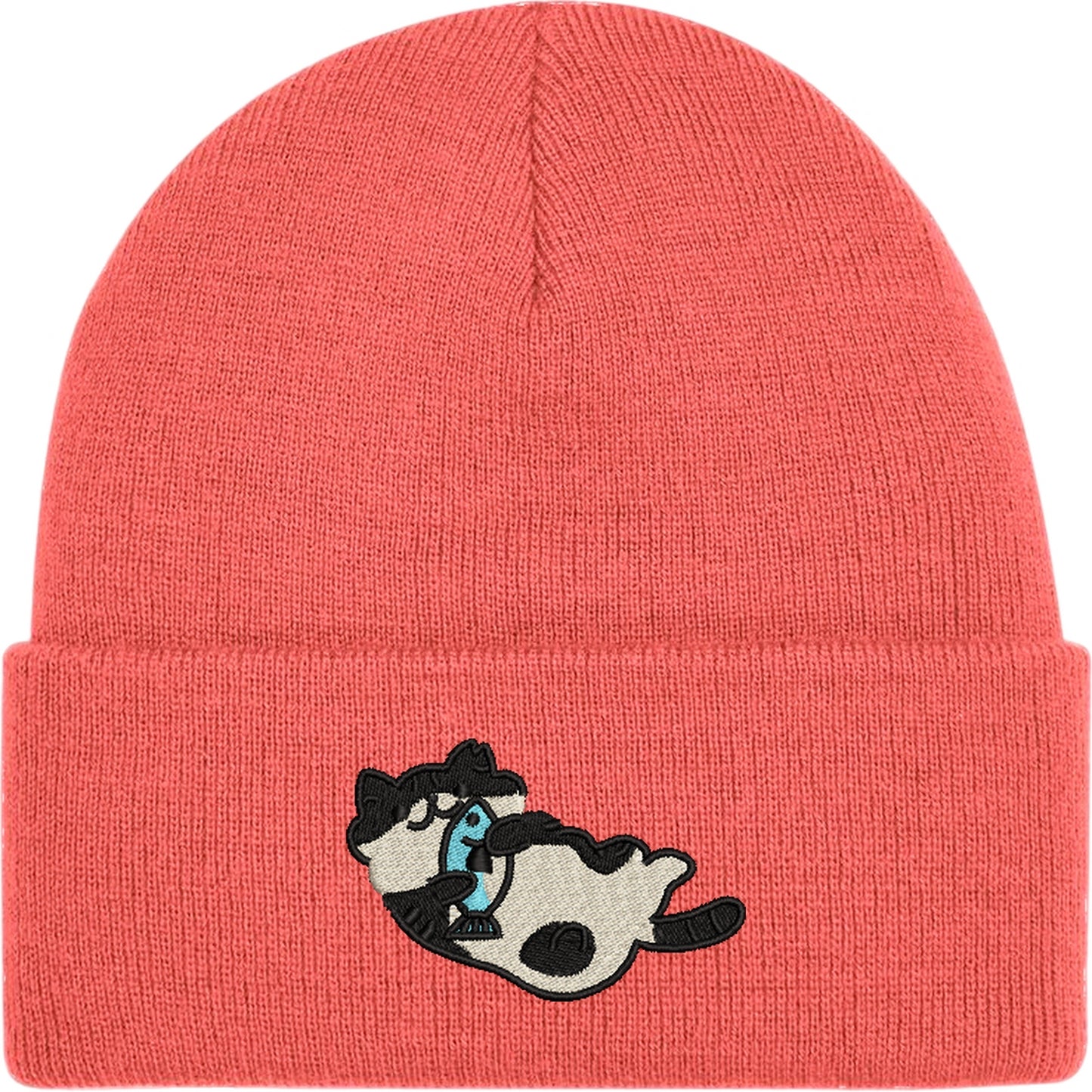 Cat With A Fish Embroidered Beanie Hat