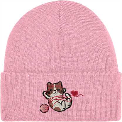Cat With Heart String Embroidered Beanie Hat