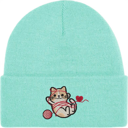 Cat With Heart String Embroidered Beanie Hat