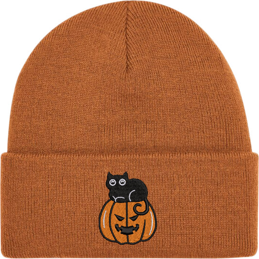Cat On A Pumpkin Embroidered Beanie Hat