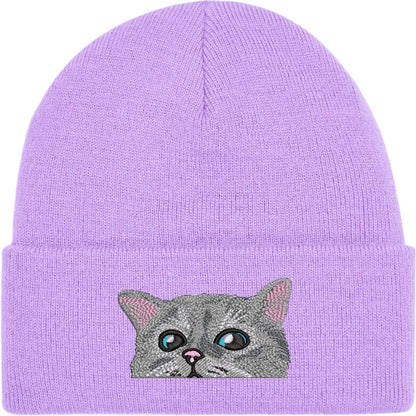 Cheeky Peeking Cat Embroidered Beanie Hat