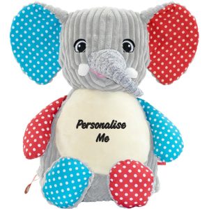 Personalised Embroidered Sensory Blue And Red Elephant Soft Toy