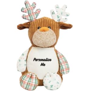 Personalised Embroidered Sensory Tartan Green Reindeer Soft Toy